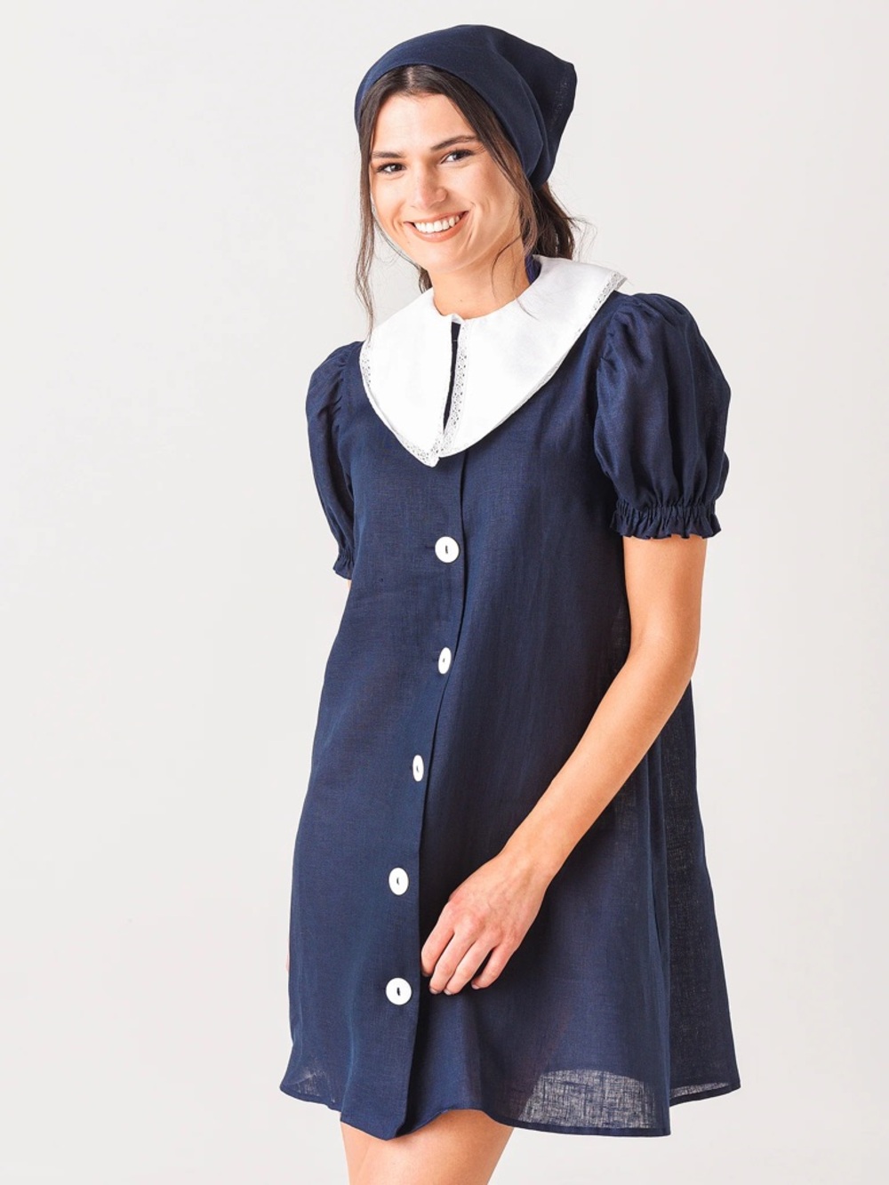 Sleeper Marie Navy Button-Front Dress with White Peter Pan Collar